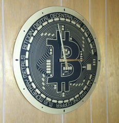 Large Bitcoin Wall Clock Wooden Crypto Gold and Black
